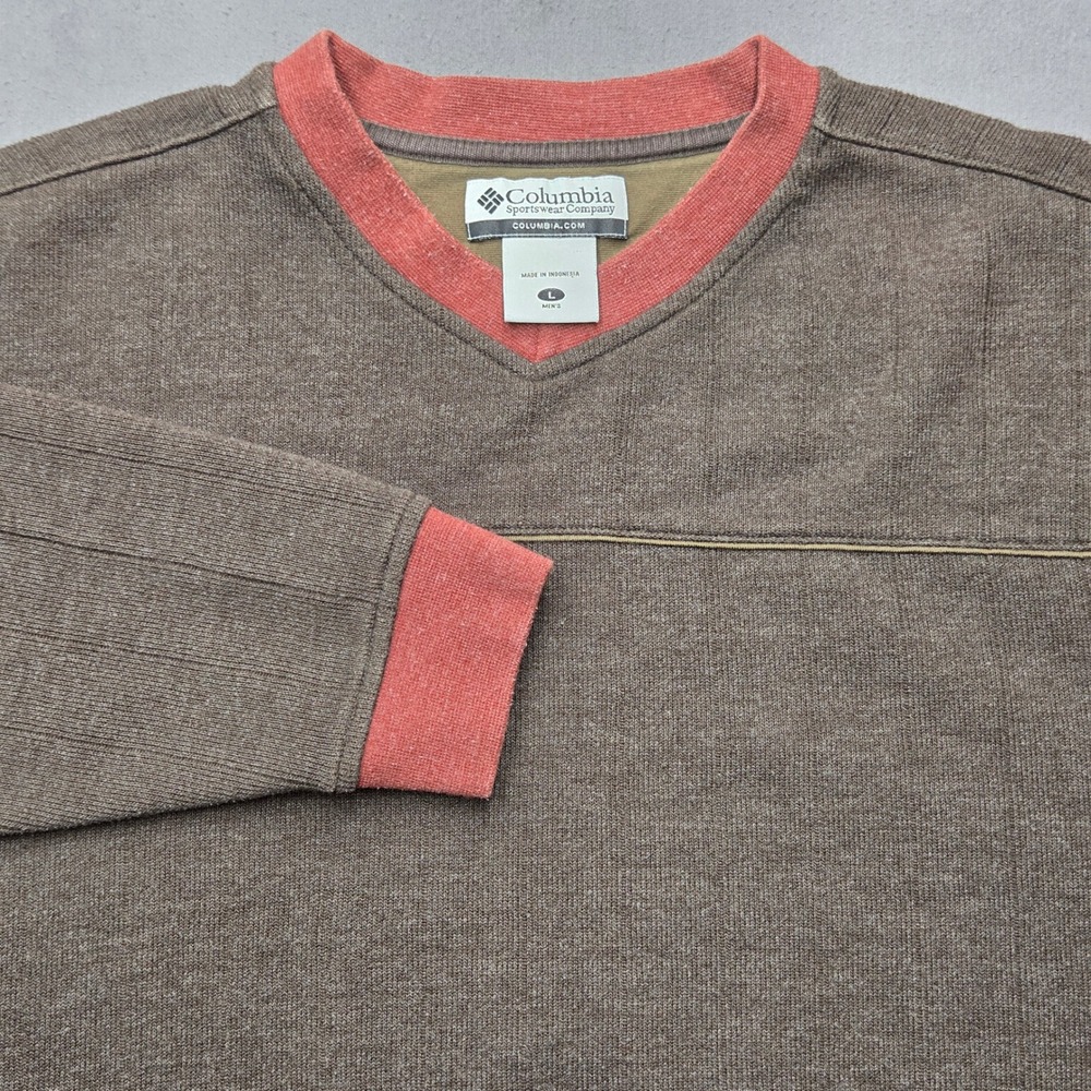 Columbia Sportswear Mens Large V-Neck Ribbed Pullover Sweater Brown Red
